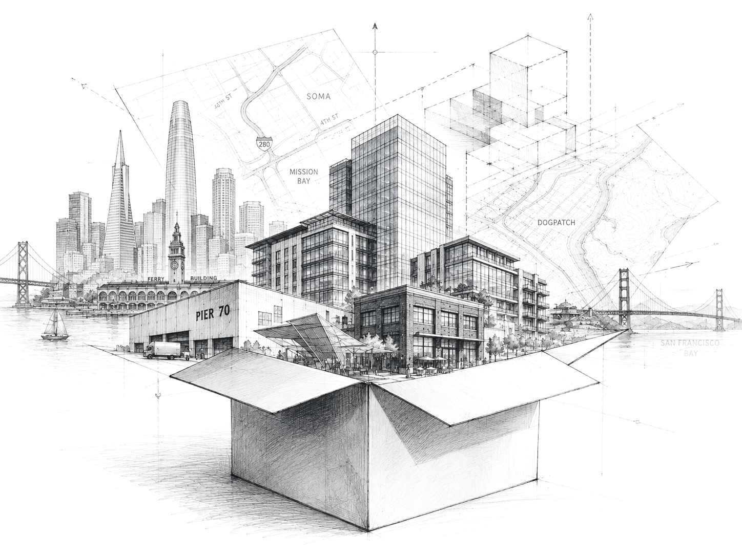 An architectural study of San Francisco and the Bay Area — the city's office, industrial and retail landmarks rising out of an open box